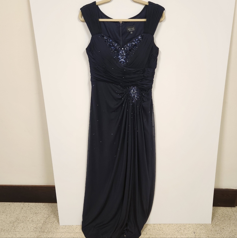 Navy Blue Beaded Sleeveless Evening  Gown Sz 10